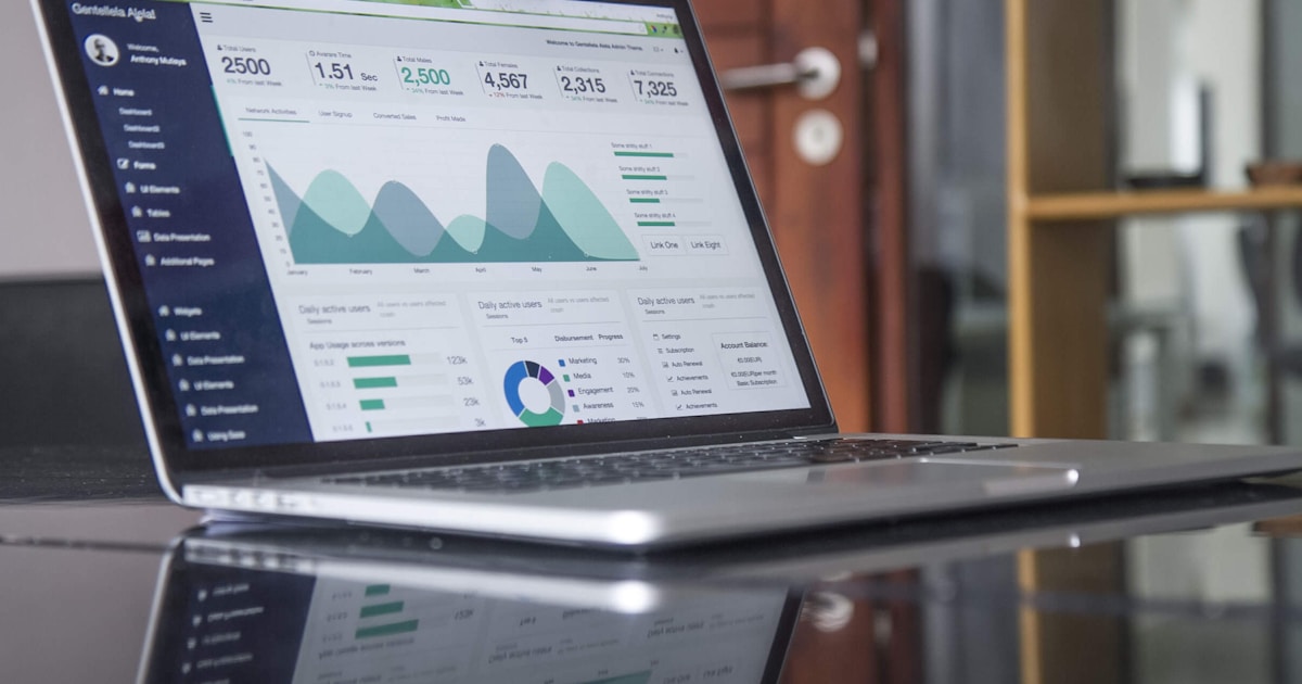 Dashboard de análise de dados com gráficos de conversão em laptop